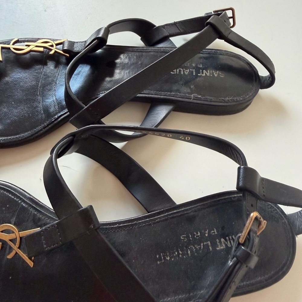Saint Laurent Black Leather Logo Toe-Ring Sandals with Gold YSL Hardware - Picture 3 of 4